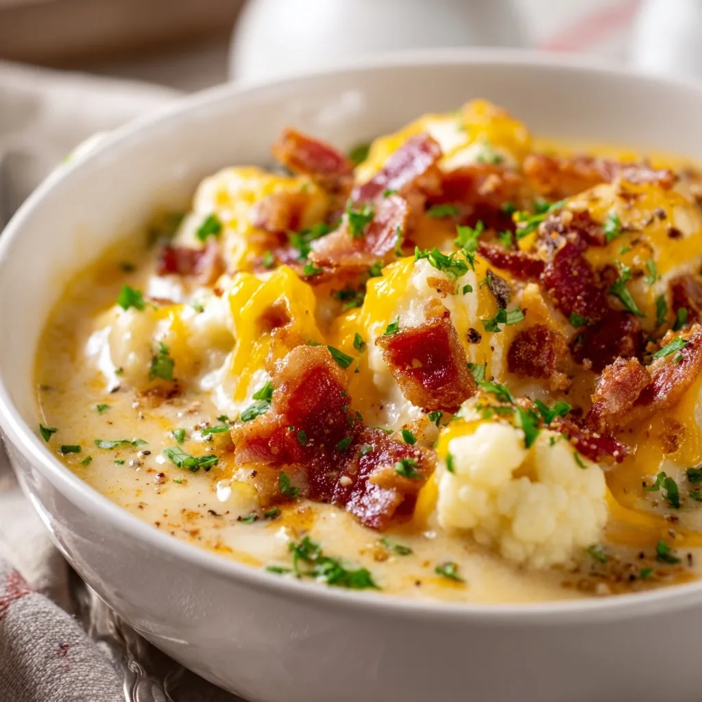 Bacon Cheddar Cauliflower Chowder for a Low Carb Breakfast